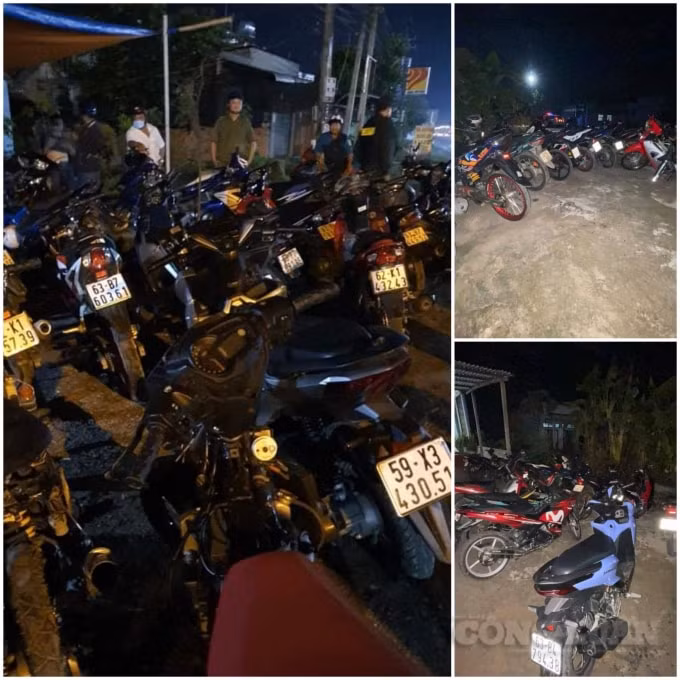 Lực lượng chức năng Tiền Giang tạm giữ các phương tiện giao thông tham gia đua xe trái phép.