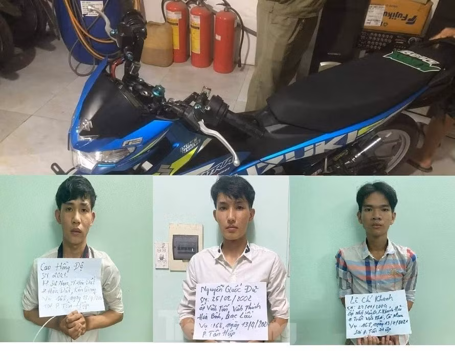 3 đối tượng giả danh cảnh sát hình sự, cướp xe người đi đường đã bị công an Bình Dương bắt giữ. Ảnh: tienphong.vn