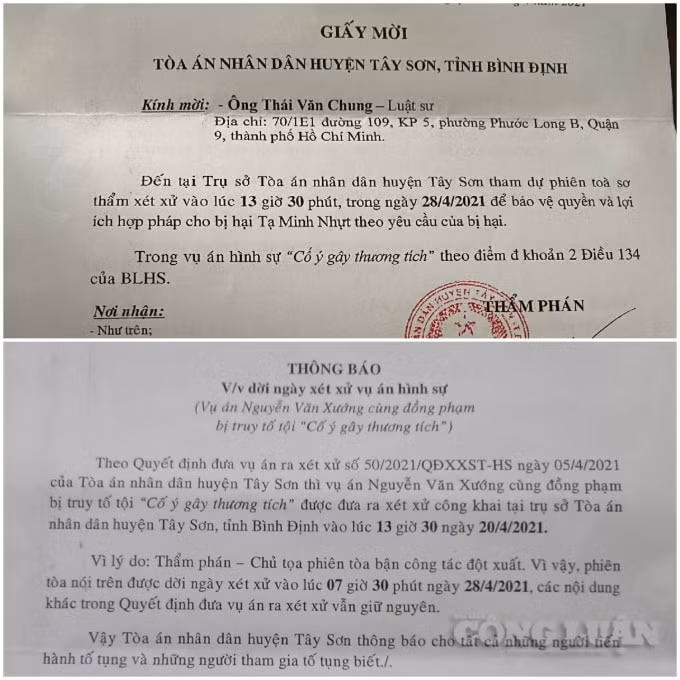 Thời gian trong thư mời so với thời gian thông báo, xét xử khác nhau.