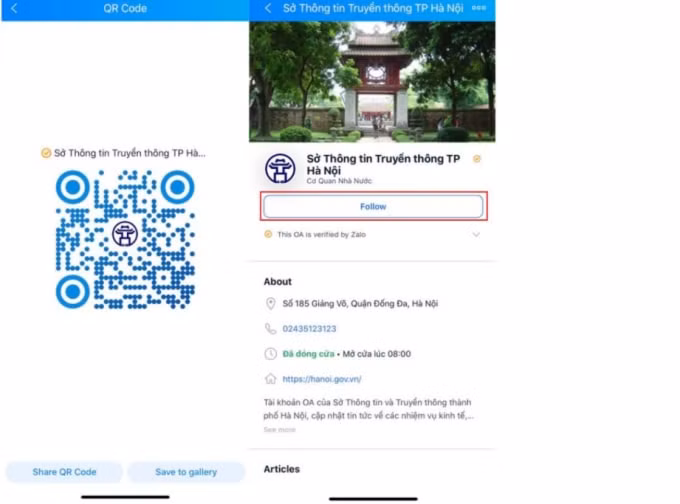 Quét mã QR Code và bấm “Quan tâm” để truy cập vào tài khoản Zalo “Sở Thông tin Truyền thông TP Hà Nội”