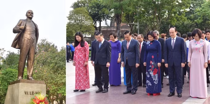 Bí thư Thành ủy Đinh Tiến Dũng cùng các đồng chí lãnh đạo TP đặt lẵng hoa tưởng nhớ lãnh tụ cộng sản V.I.Lênin tại tượng đài Lênin trên đường Điện Biên Phủ (quận Ba Đình, Hà Nội).