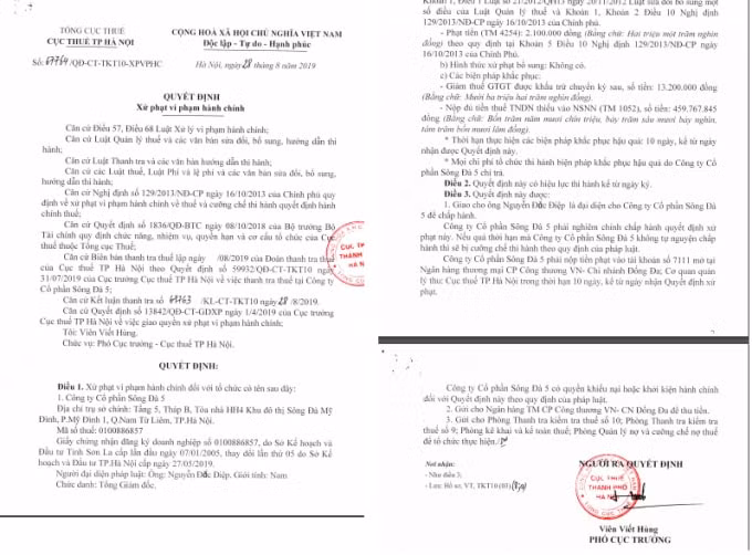 Quyết định xử phạt hành chính về thuế đối với Công ty Cổ phần Sông Đà 5 (mã CK: SD5)
