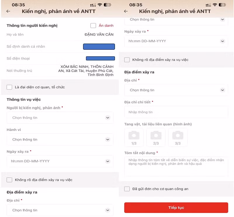 huong dan gui kien nghi phan anh ve an ninh trat tu to giac toi pham bang ung dung vneid cua bo cong an hinh 3