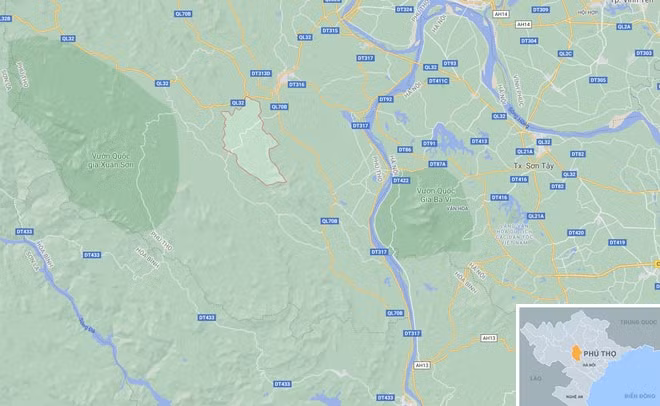 Án mạng xảy ra tại xã Võ Miếu (vùng khoanh đỏ), huyện Thanh Sơn, tỉnh Phú Thọ. Ảnh: Google Maps.