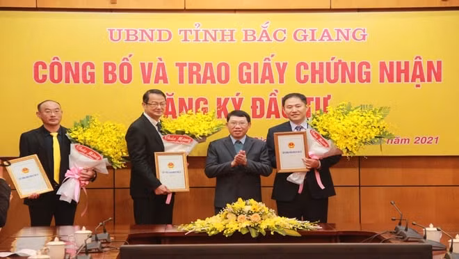Chủ tịch UBND tỉnh Lê Ánh Dương trao giấy chứng nhận đăng ký đầu tư cho các tập đoàn, doanh nghiệp. Ảnh: TL