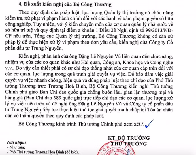 Bộ Công Thương khẳng định không có căn cứ pháp lý để thực hiện xử lý vi phạm theo kiến nghị của Công ty Cổ phần đầu tư Trung Nguyên.