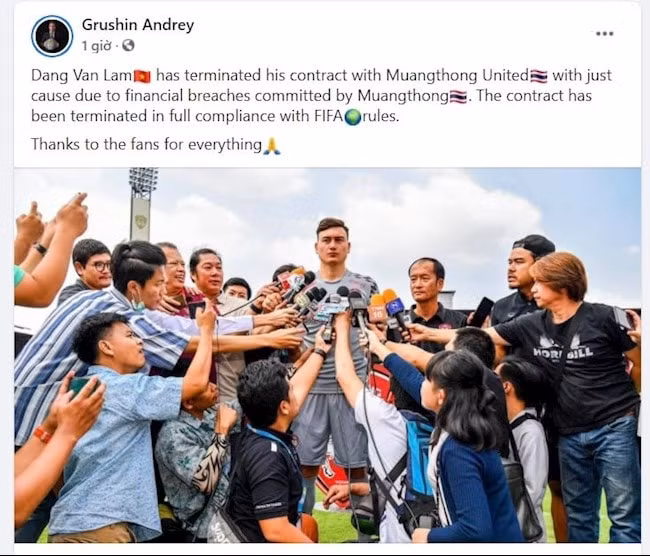 Người đại diện thông báo Văn Lâm đã chấm dứt hợp đồng với Muangthong Utd. Ảnh: internet