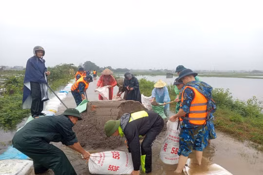 Bộ đội đóng hơn 3.000 bao đất cát giúp dân gia cố hơn 2km đê chống ngập