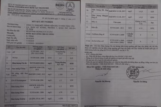 Kết quả xét nghiệm mẫu nước dùng cho ăn uống tại Lô C - Prosper Plaza.