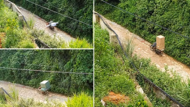 Xe máy chở hàng lậu từ điểm tập kết phía sau chùa Tân Thanh ra khu vực xe tải chờ sẵn.