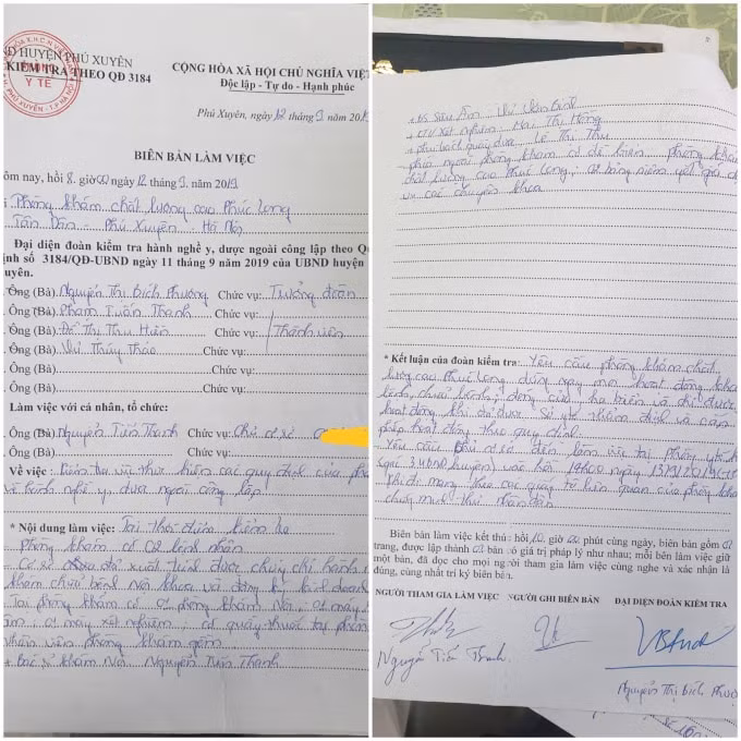 Biên bản làm việc giữa đoàn kiểm tra với chủ cơ sở Phòng khám chất lượng cao Phúc Long ngày 12/9/2019. Trong đó, đoàn kiểm tra đã yêu cầu cơ sở này dừng ngay mọi hoạt động khám, chữa bệnh, chờ cấp phép.