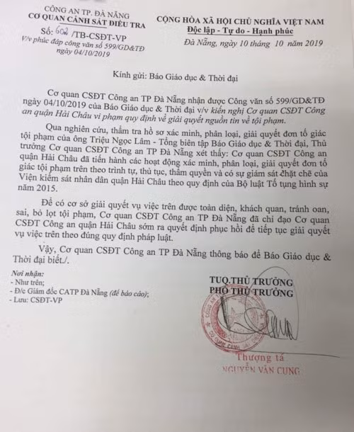 Văn bản của Cơ quan CSĐT Công an T.P Đà Nẵng gửi Báo Giáo dục và Thời đại.