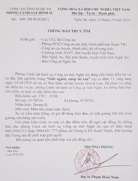 Thông báo truy tìm của cơ quan công an