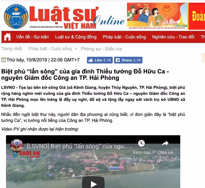 Bài viết trên Tạp chí điện tử Luật sư Việt Nam về biệt phủ của thiếu tướng Đỗ Hữu Ca. Ảnh chụp màn hình.