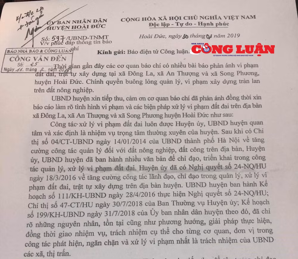 Công văn phúc đáp của UBND huyện Hoài Đức gửi đến báo điện tử Công luận.