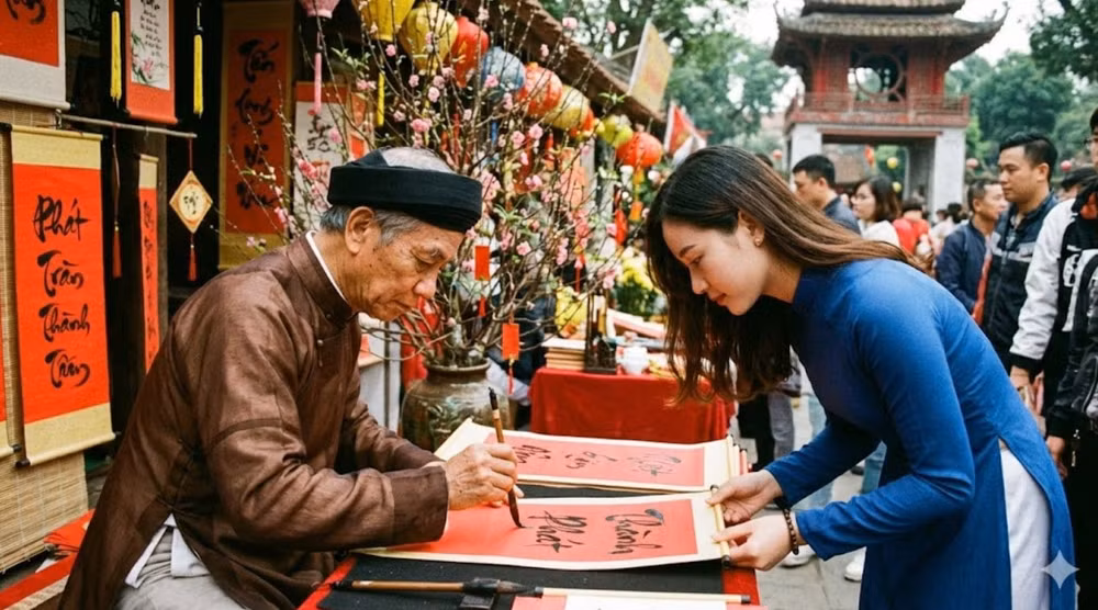 Ông đồ cẩn trọng từng nét bút, trao chữ “Phát” và “Thành” cho người xin lấy may đầu năm - Ảnh minh họa