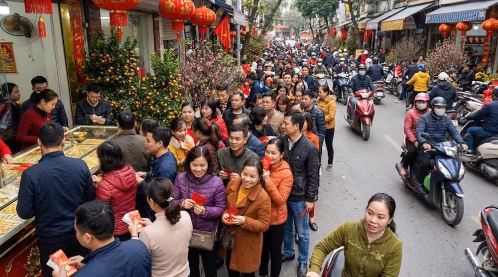 Người dân xếp hàng mua vàng trong ngày Vía Thần Tài với mong muốn cầu tài lộc, may mắn đầu năm - Ảnh minh họa