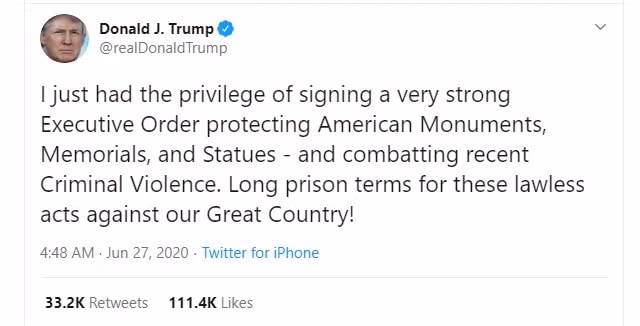 Tổng thống Trump thông báo ký sắc lệnh trên Twitter - Ảnh: Twitter Trump