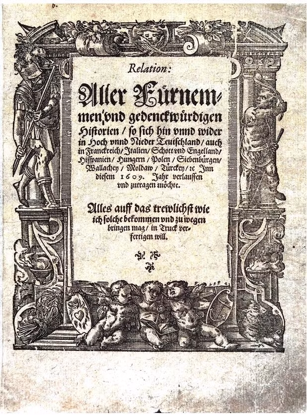 Tờ Relation: aller Fürnemmen und gedenckwürdigen Historien được trưng bày trên kệ kim cương