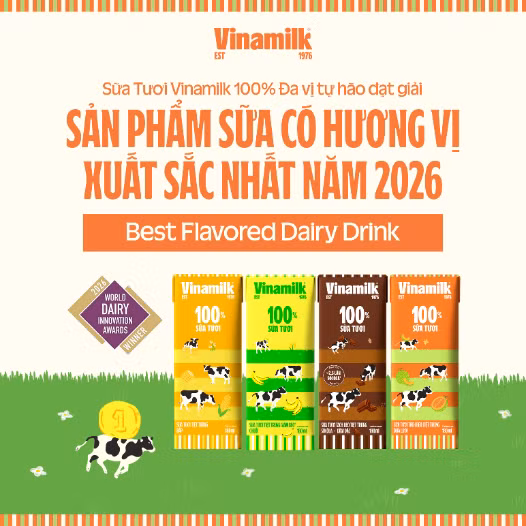 Sữa tươi Vinamilk 100% đa vị được vinh danh tại World Dairy Innovation Awards 2026 với hạng mục Sản phẩm sữa có hương vị xuất sắc nhất (Ảnh: VN).