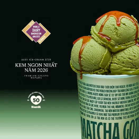 Vinamilk Gelato Matcha Gotcha vượt qua nhiều đối thủ nổi tiếng toàn cầu để giành giải Kem ngon nhất (Ảnh: VN). Quyết định táo bạo đi ngược lối mòn trong thiết kế của ngành hàng, đã giúp dòng kem Gelato của Vinamilk mang về giải Thiết kế bao bì xuất sắc nhất (Ảnh: VN).