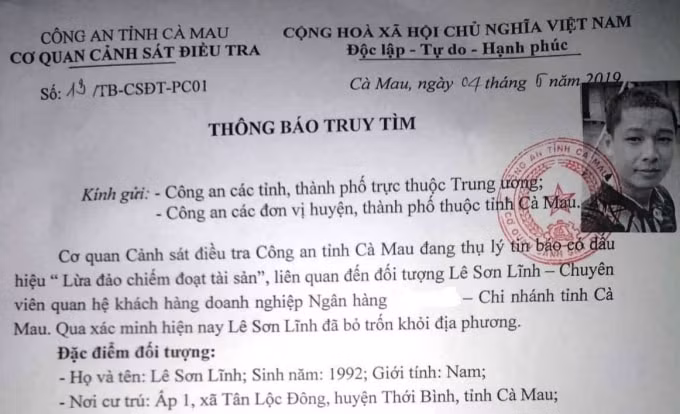 Thông báo truy tìm đối tượng Lĩnh.