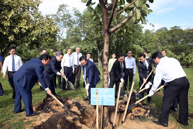 Phó Thủ tướng cùng các đại biểu trồng cây trong khuôn viên ĐHQG-HCM. Ảnh: VGP