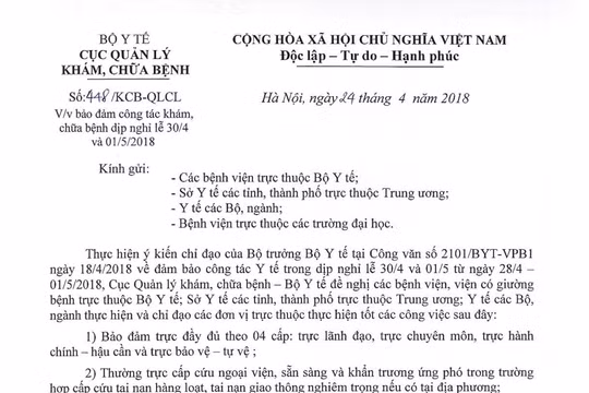 Bộ Y tế chỉ đạo bảo đảm công tác khám chữa bệnh cho người dân trong dịp nghỉ Lễ