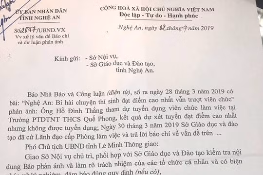 UBND tỉnh Nghệ An chỉ đạo làm rõ việc thí sinh xét tuyển đạt điểm cao nhất nhưng không được tuyển dụng