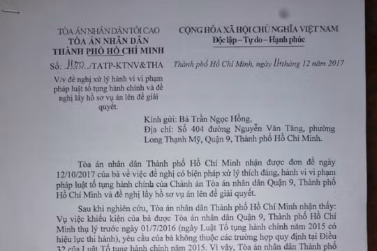 TAND quận 9 cần sớm đưa vụ kiện từ 2012 ra xét xử theo luật định