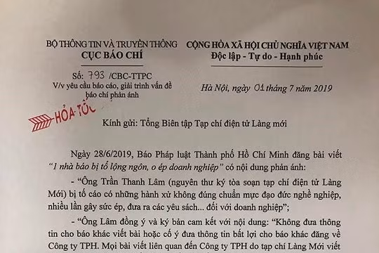 Cục Báo chí yêu cầu Tạp chí điện tử Làng mới báo cáo về việc một nhà báo bị "tố" lộng ngôn