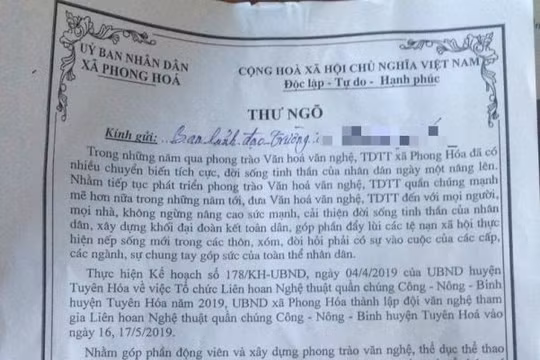 Quảng Bình: Xã gửi thư kêu gọi quyên góp ủng hộ văn nghệ, thể thao kiểu ép buộc
