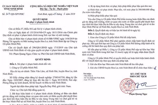 Ninh Bình: Công ty Minh Phố bị xử phạt 300 triệu đồng vì không có Báo cáo đánh giá tác động môi trường