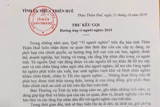 Bí thư Thừa Thiên Huế kêu gọi ủng hộ người nghèo thuộc DA di dời Kinh thành Huế