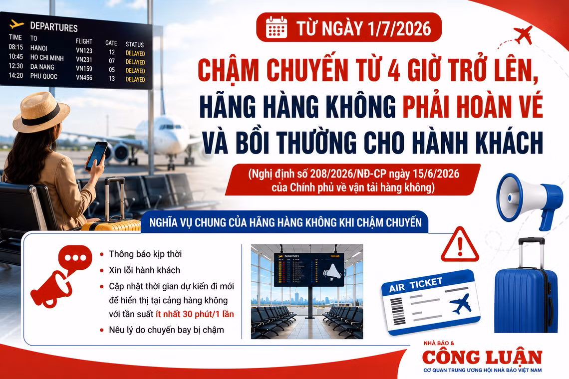 Chậm chuyến bay từ 4 giờ trở lên: Hành khách được hoàn vé và bồi thường