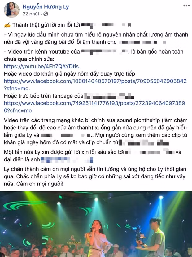 Hương Ly xin lỗi