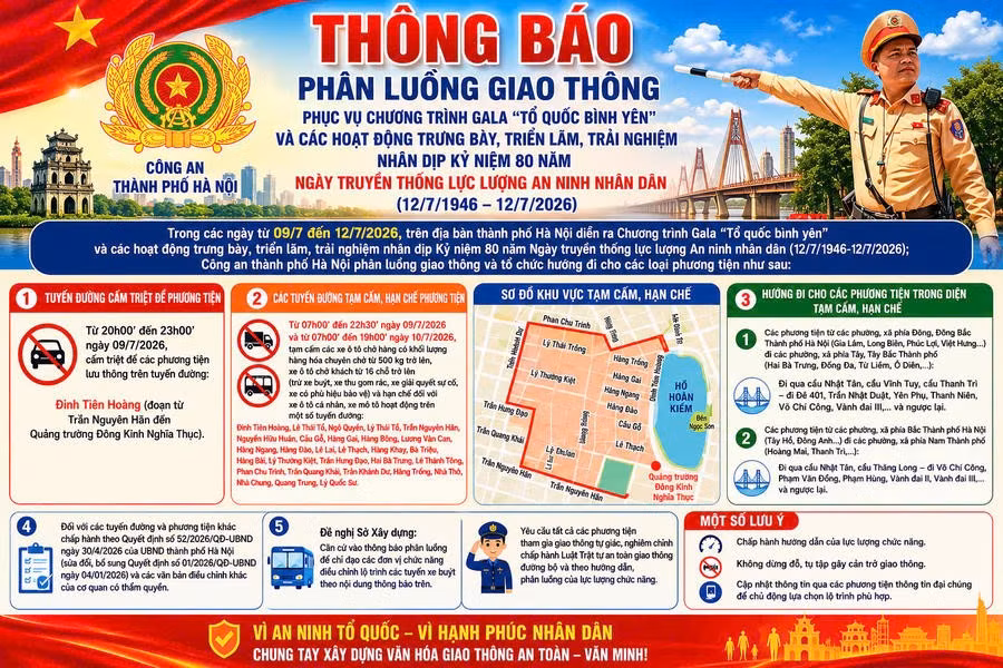Công an TP Hà Nội thông báo Phân luồng giao thông phục vụ Chương trình Gala “Tổ quốc bình yên”.