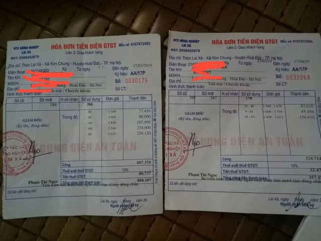 Hóa đơn tiền điện các tháng trước tháng 4 với tiền điện tháng 4/2019 của người dân Hoài Đức, Hà Nội (Ảnh Lương Minh)