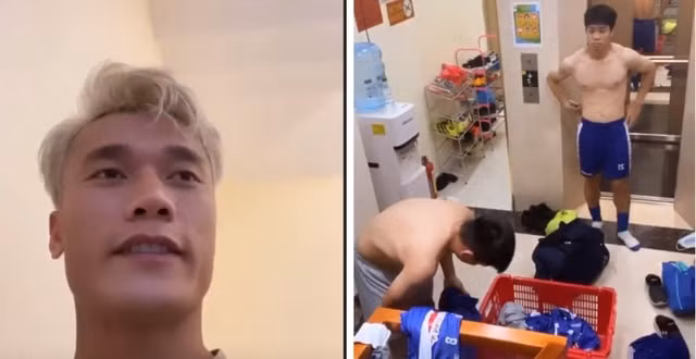 Tiền đạo Công Phượng vẫn còn mắt nhắm mắt mở, đứng giúp các thành viên sắp sếp quần áo cho đồng đội của mình. Ảnh: internet.