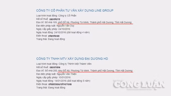 Công ty Line Group và Công ty Đại Dương HD đều có địa chỉ trụ sở đăng kí kinh doanh ở phố Đỗ Xá, phường Tứ Minh, TP. Hải Dương, tỉnh Hải Dương.
