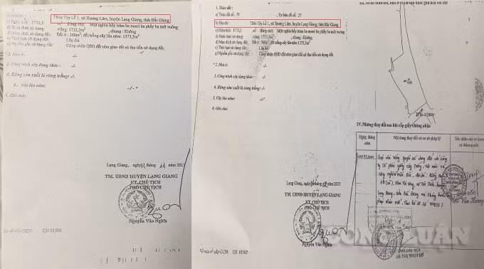 Hai cuốn sổ đỏ được UBND huyện Lạng Giang cấp cho gia đình ông Nguyễn Văn Minh (bên trái) và bà Nguyễn Thị Phi Phượng đều xác định sai địa chỉ thửa đất.
