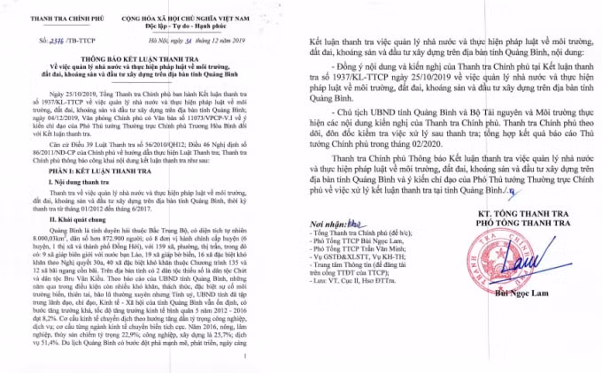 Thông báo Kết luận Thanh tra&nbsp;số 2376/TB-TTCP về việc&nbsp;quản lý nhà nước và thực hiện pháp luật về môi trường, đất đai, khoáng sản và đầu tư xây dựng trên địa bàn tỉnh Quảng Bình.