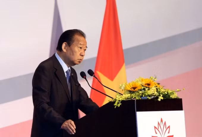 Ông Nikai Toshihiro, Tổng Thư ký Đảng Dân chủ Tự do Nhật Bản, Chủ tịch Liên minh Nghị sĩ hữu nghị Nhật-Việt phát biểu tại lễ khai mạc. Ảnh: VGP