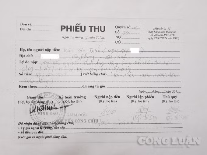Phiếu thu tiền cọc của Công ty Xây dựng Minh Đạo đối với khách hàng.