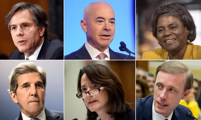 Từ trái qua phải: Antony Blinken, Alejandro Mayorkas, Linda Thomas-Greenfield (hàng trên), John Kerry, Avril Haines, Jake Sullivan - Ảnh: CNN.