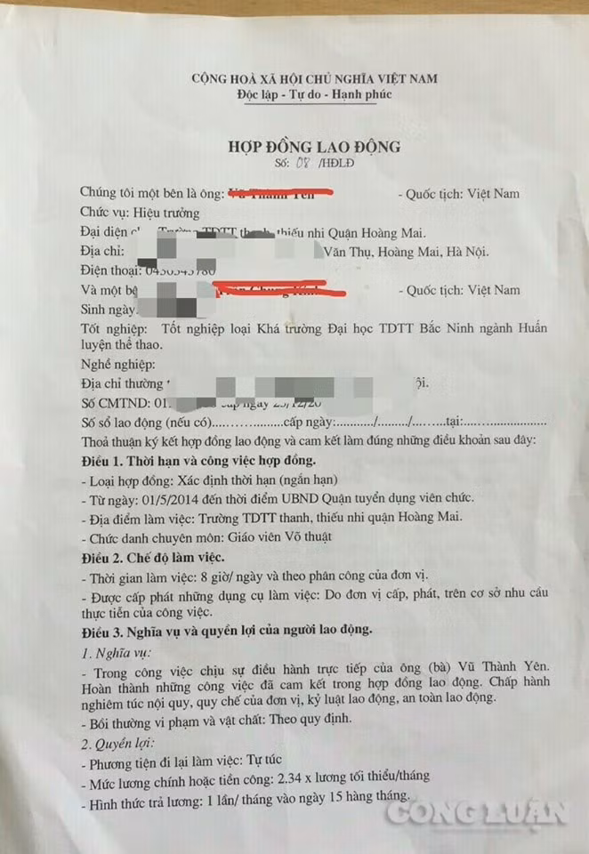 Hợp đồng lao động của anh Nguyễn Anh Tuấn (Tên đã được thay đổi) với mức lương 2,34 x mức lương tối thiểu (1.490) = 3,486,600 VNĐ. Ảnh nhân vật cung cấp.