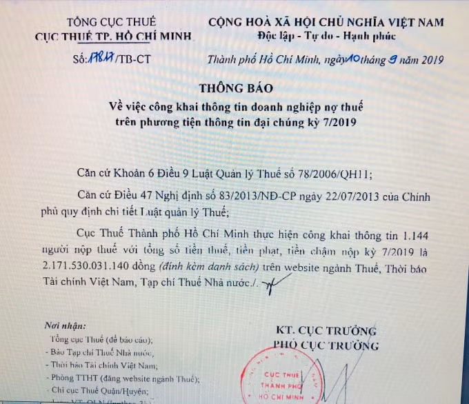 Thông báo kỳ thứ 7 của Cục thuế tp.HCM về việc các doanh nghiệp nợ thuế- ảnh :K.Đ.N