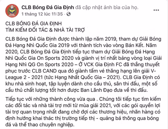 Lời kêu gọi tài trợ trên fanpage của CLB Gia Định ở mùa giải 2021. Ảnh: fanpage clb