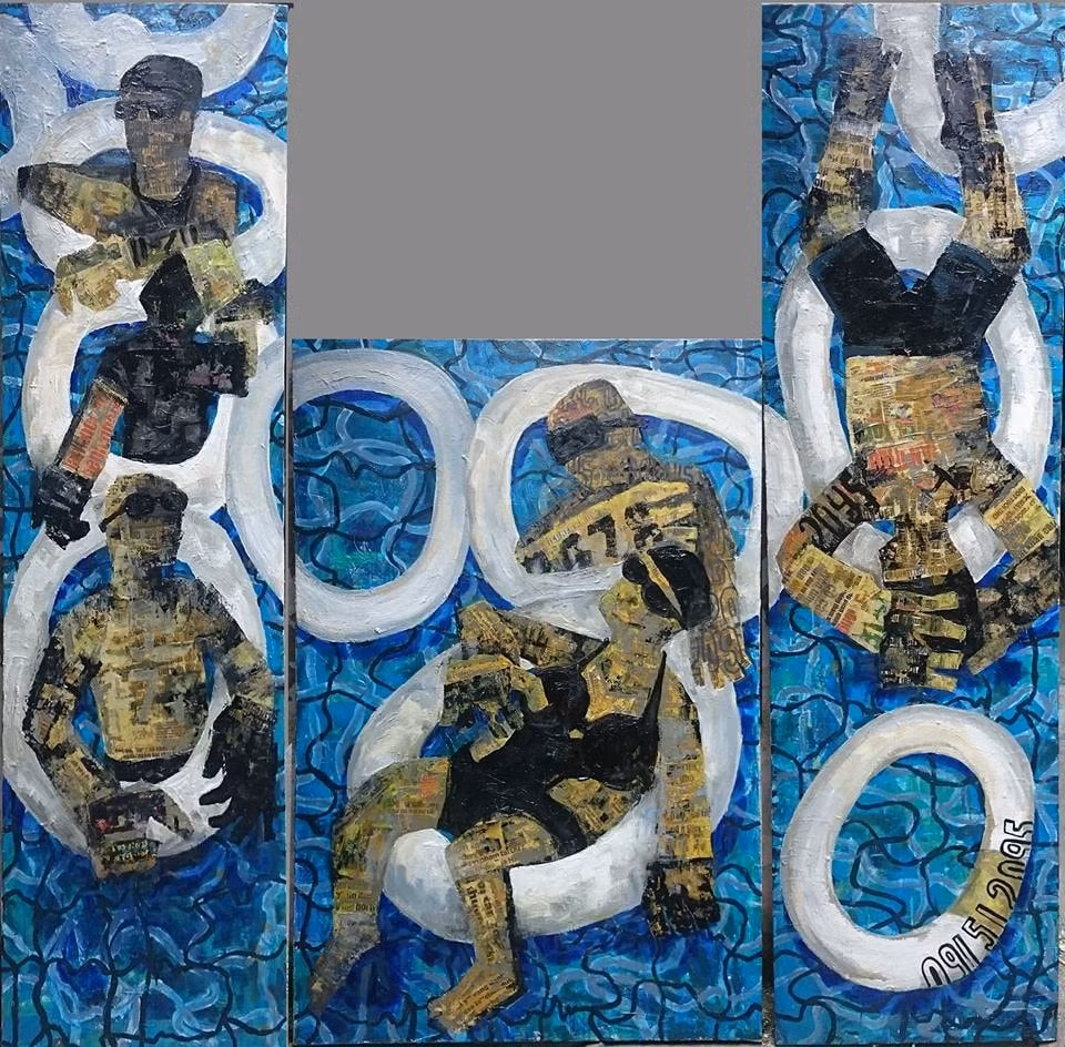 Tác phẩm Nàng béo, acrylic và giấy báo, 210x240cm, 2018. Họa sĩ Đoàn Xuân Tùng.