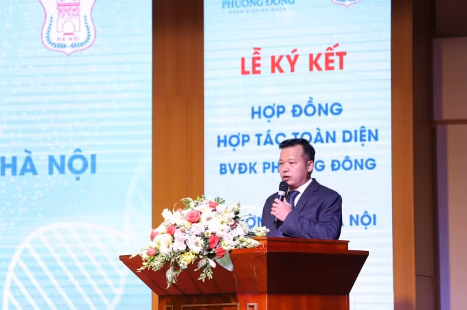 Ông Nguyễn Thanh Việt - Chủ tịch HĐQT Công ty Intracom kiêm Chủ tịch HĐTV Công ty TNHH Tổ hợp Y tế Phương Đông phát biểu tại lễ ký kết.